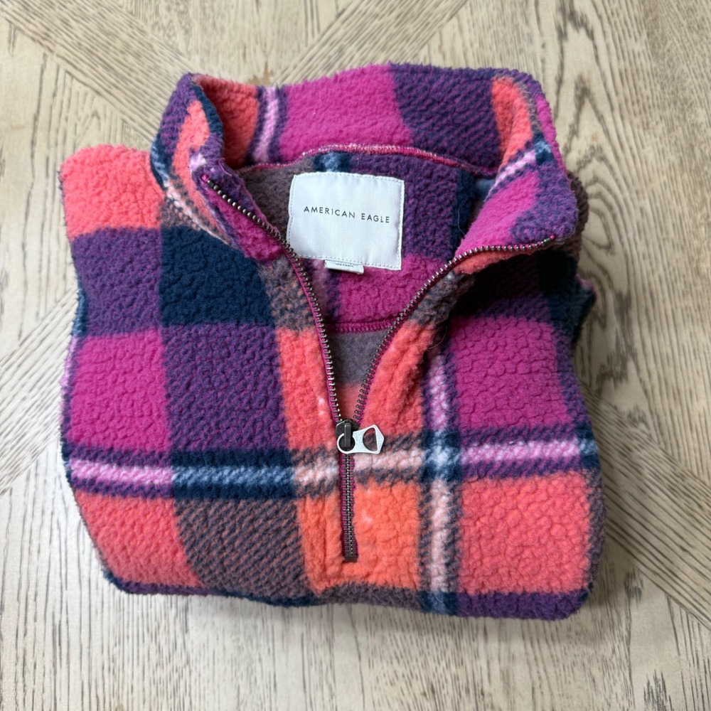American Eagle Small‎ Plaid Coral Purple Pink Quarter Zip Sherpa Pullover